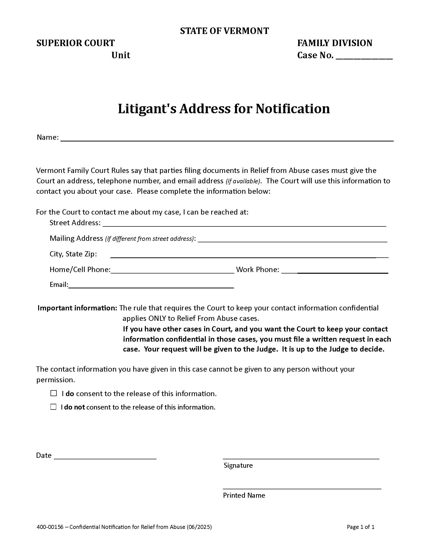 Confidential Notification For Relief From Abuse {400-00156} | Pdf Fpdf Docx | Vermont