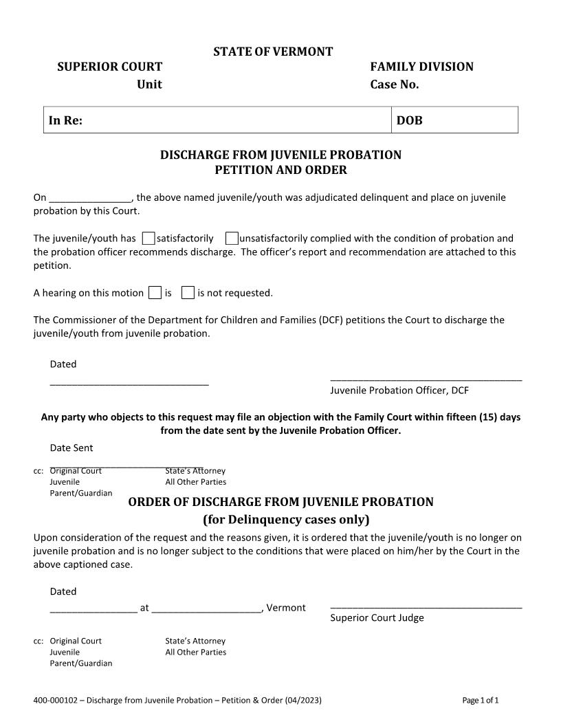 Discharge From Juvenile Probation {400-00102} | Pdf Fpdf Docx | Vermont