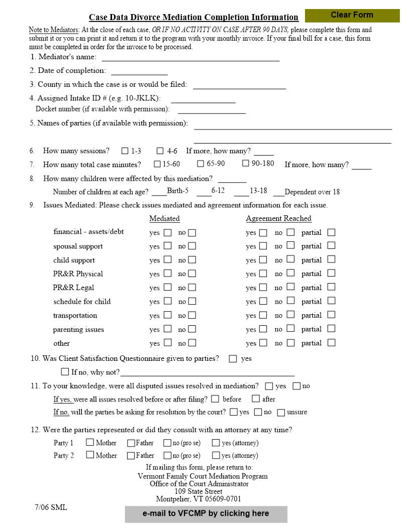 Divorce Mediation Completion | Pdf Fpdf Docx | Vermont