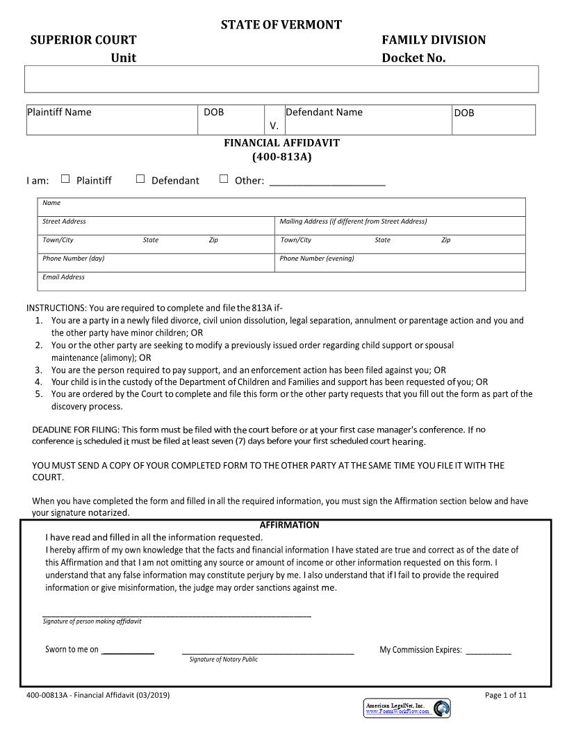 Financial Affidavit {400-00813A} | Pdf Fpdf Docx | Vermont