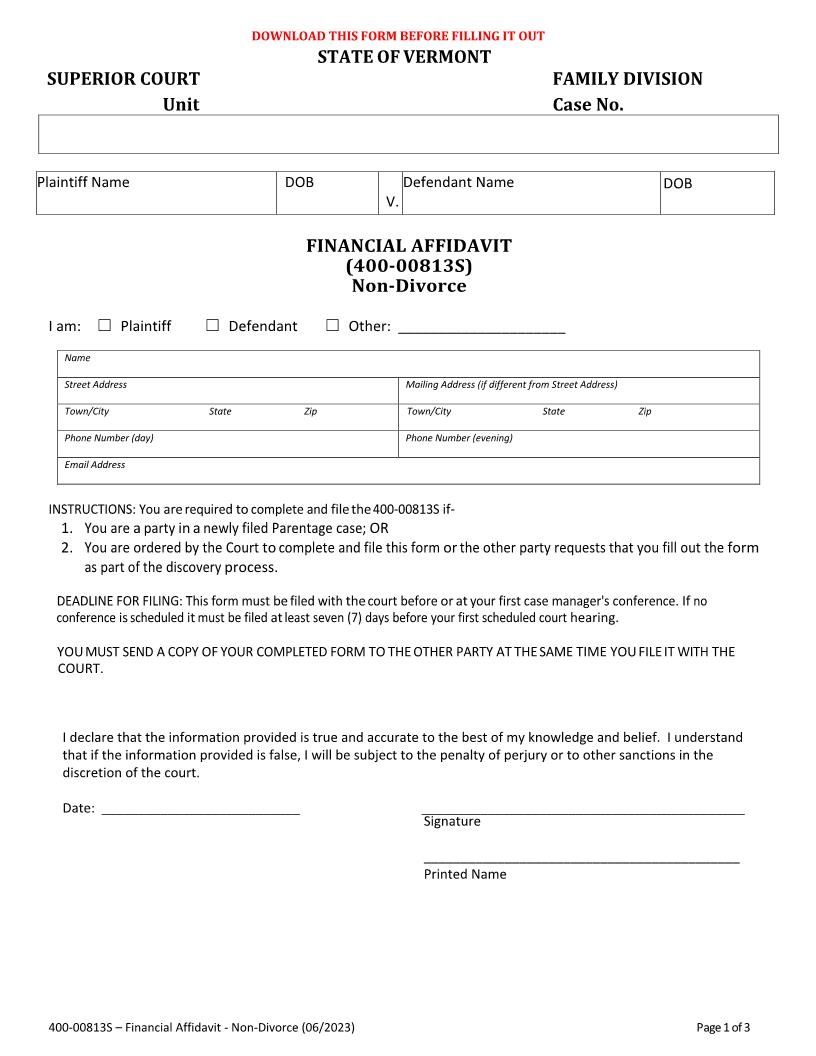 Financial Affidavit (Non-Divorce) {400-00813S} | Pdf Fpdf Docx | Vermont