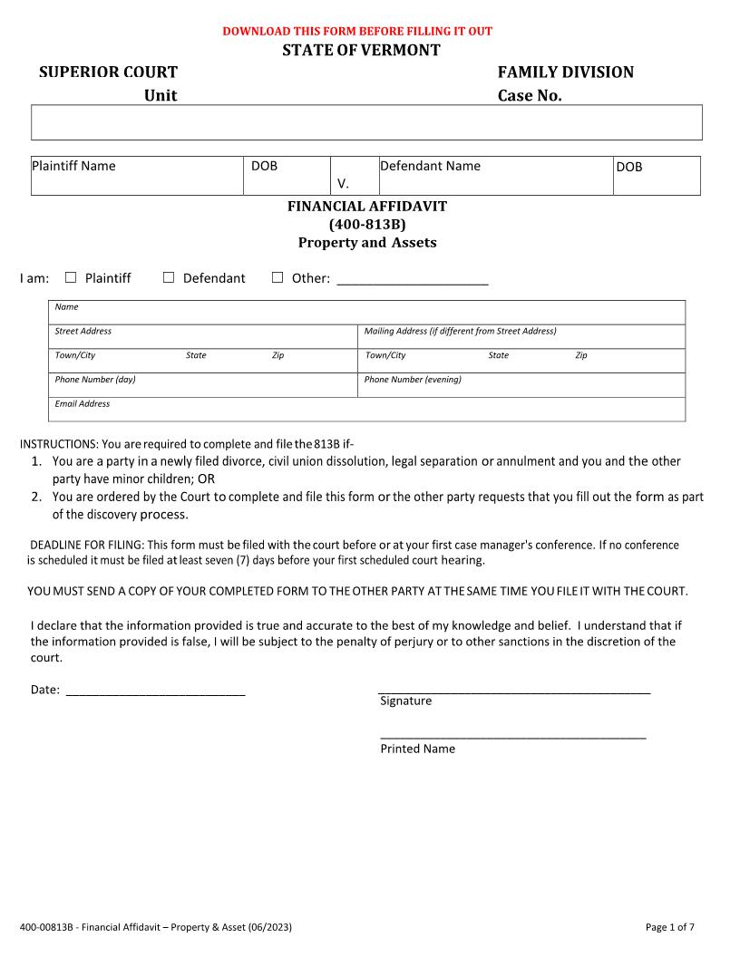 Financial Affidavit (Property And Assets) {400-00813B} | Pdf Fpdf Docx | Vermont