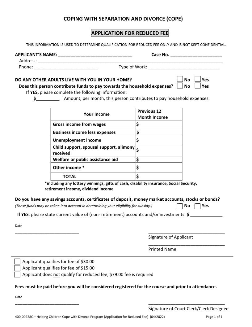 Helping Children Cope With Divorce Program-Application For Reduced Fee (COPE) {400-00228C} | Pdf Fpdf Docx | Vermont