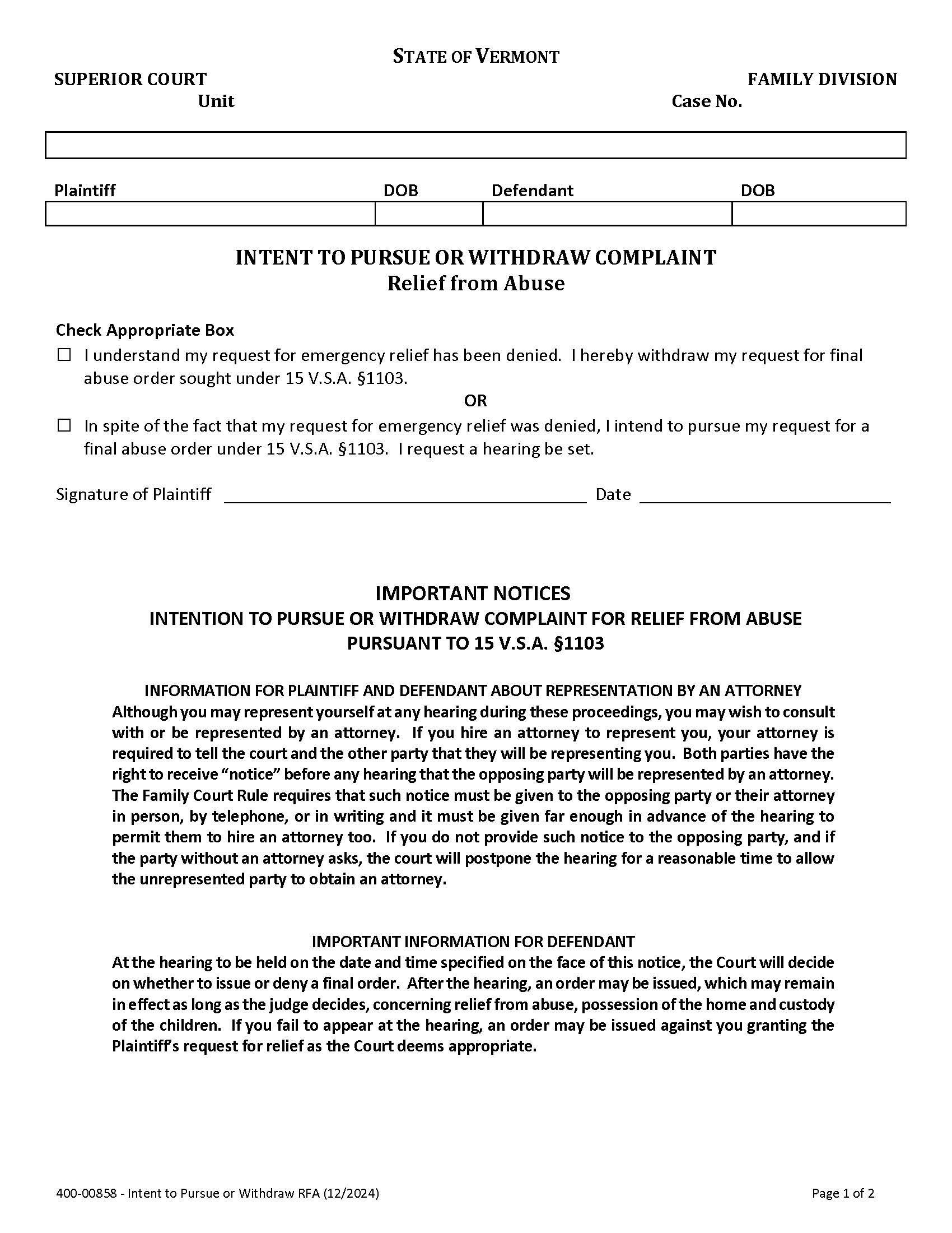 Intent To Pursue Or Withdraw Complaint - Relief From Abuse {400-00858} | Pdf Fpdf Docx | Vermont