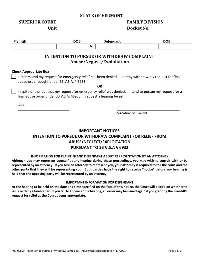 Intention To Pursue Or Withdraw Complaint {400-00859} | Pdf Fpdf Docx | Vermont