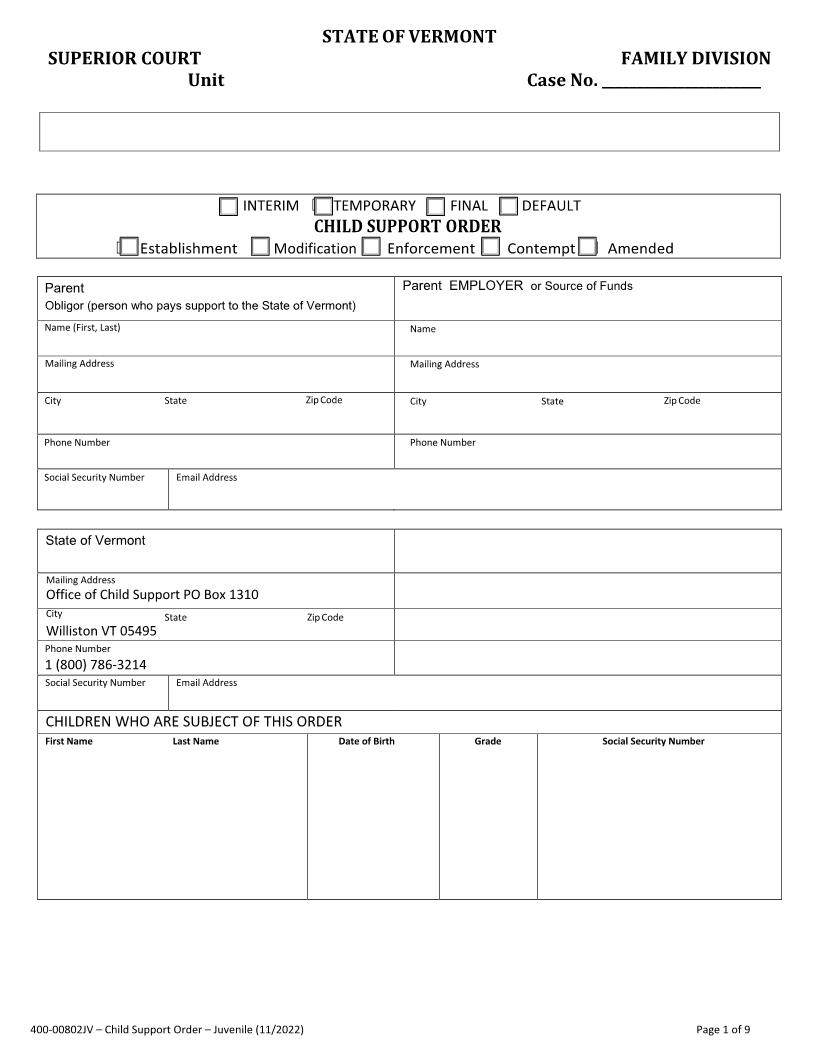Juvenile Child Support Order {400-00802JV} | Pdf Fpdf Docx | Vermont