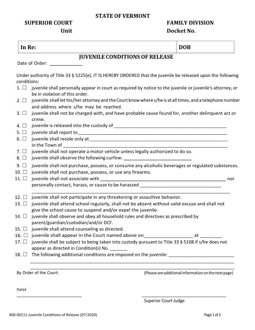 Juvenile Conditions Of Release {400-00111} | Pdf Fpdf Docx | Vermont