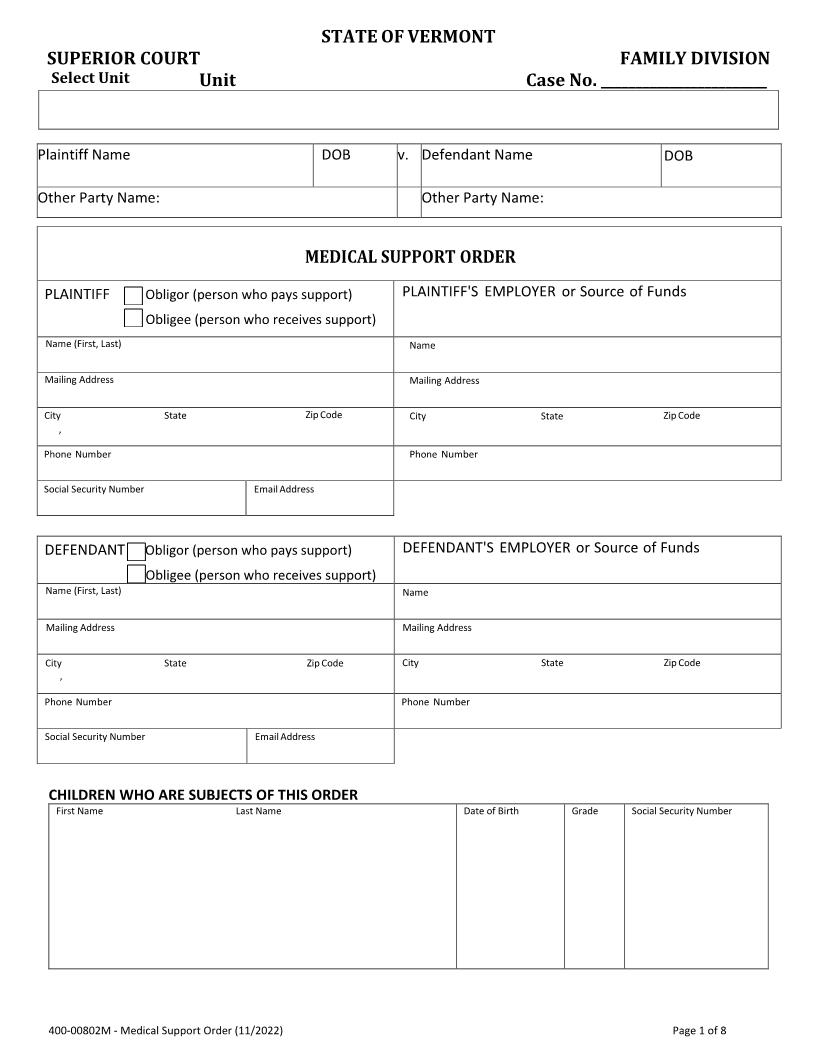 Medical Child Support Order {400-00802M} | Pdf Fpdf Docx | Vermont