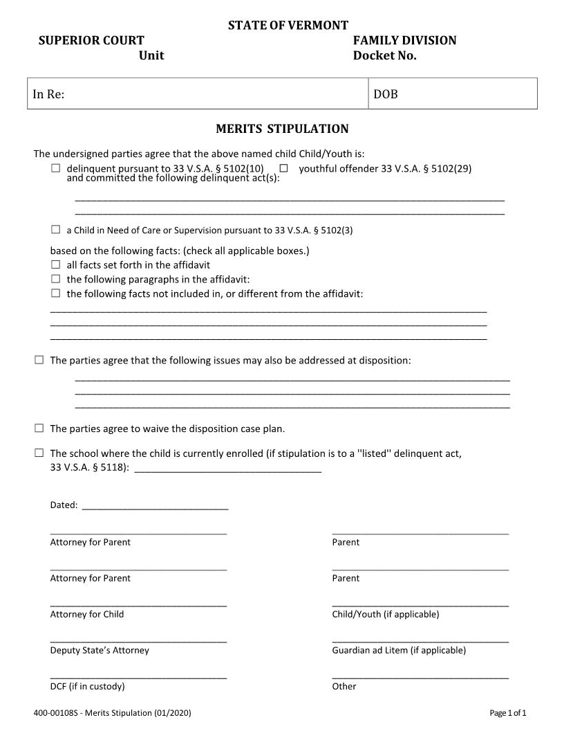 Merits Stipulation {400-00108S} | Pdf Fpdf Doc Docx | Vermont