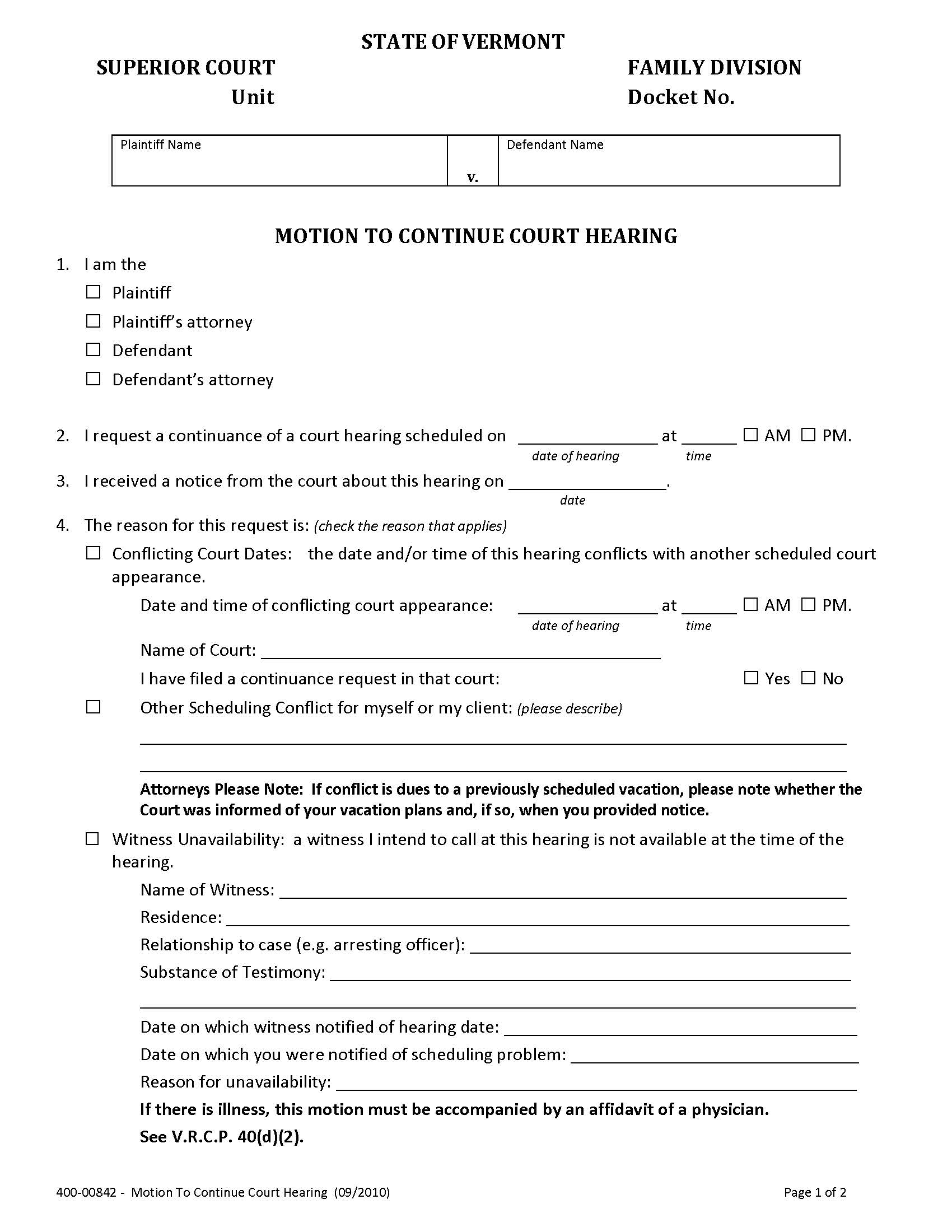 Motion To Continue Court Hearing {400-00842} | Pdf Fpdf Docx | Vermont