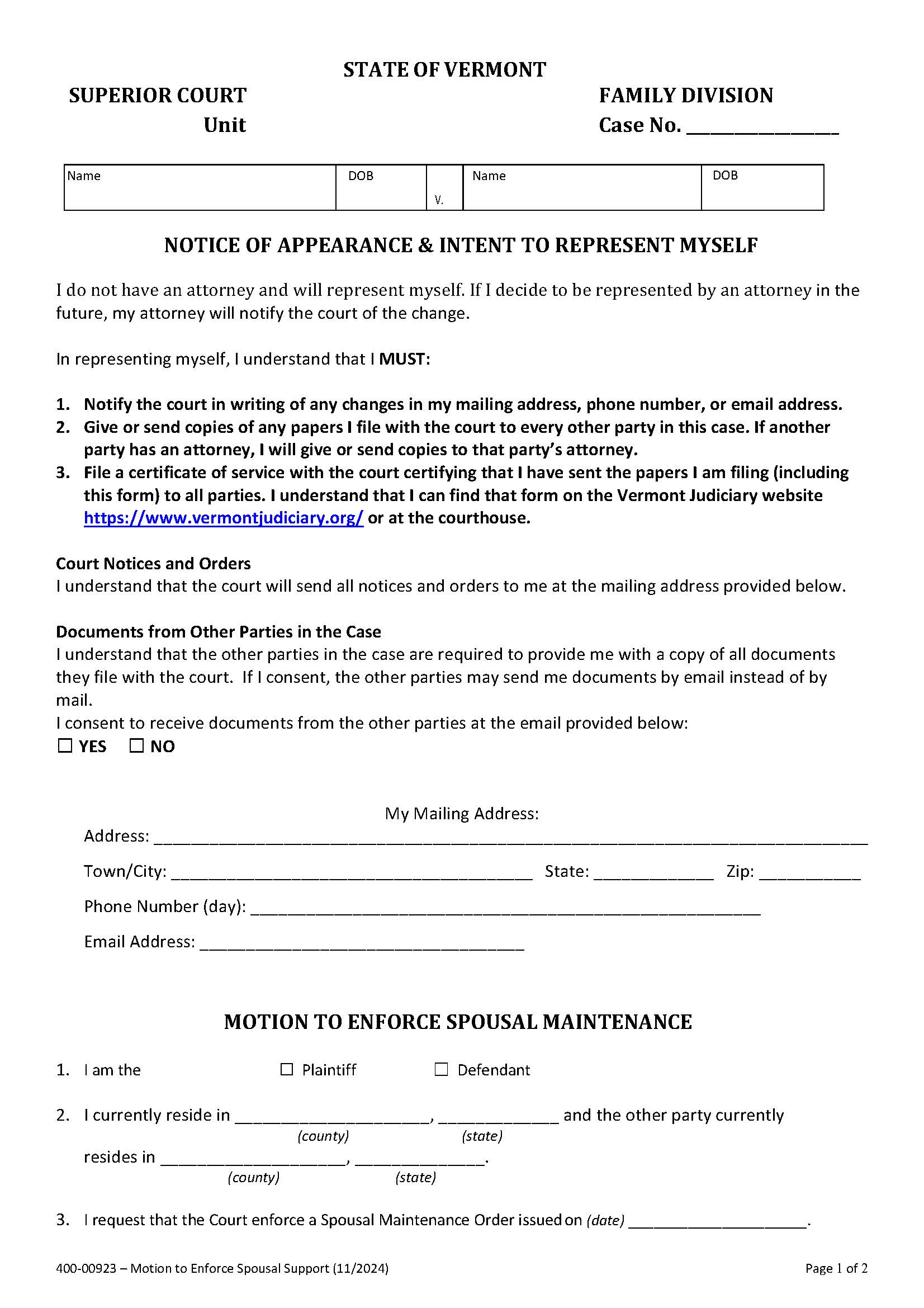 Motion To Enforce Spousal Maintenance {400-00923} | Pdf Fpdf Docx | Vermont