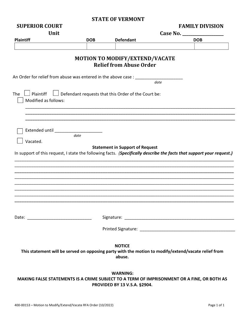 Motion To Modify Extend Vacate Relief From Abuse Order {400-00153} | Pdf Fpdf Docx | Vermont