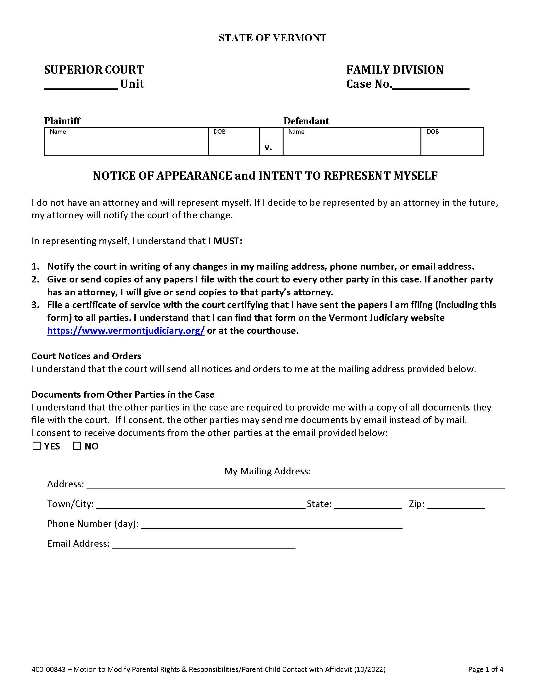 Motion To Modify Parental Rights And Responsibilities And Parent Child Support {400-00843} | Pdf Fpdf Docx | Vermont