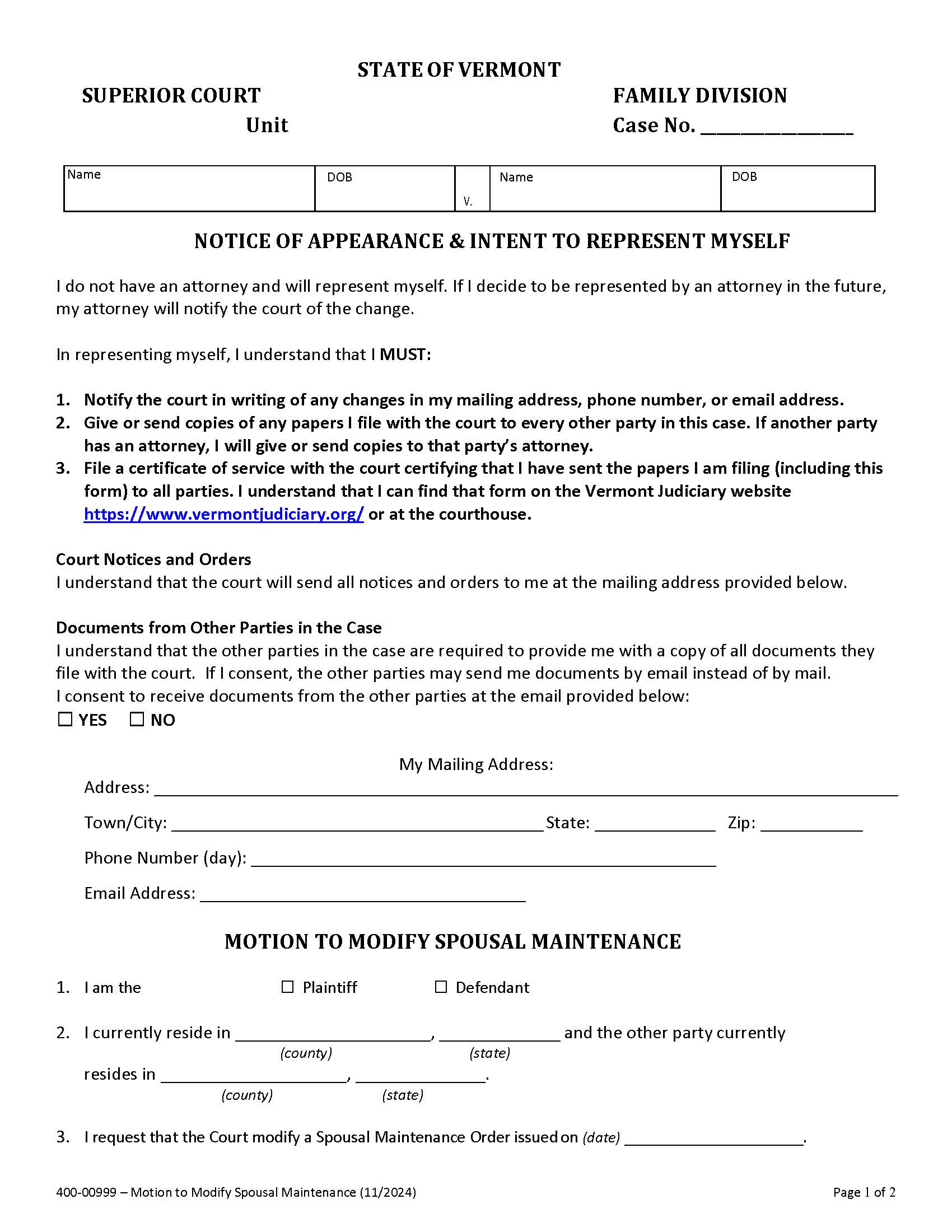 Motion To Modify Spousal Maintenance {400-00999} | Pdf Fpdf Docx | Vermont