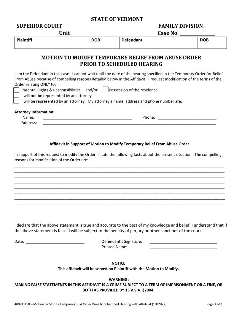 Motion To Modify Temporary RFA Order Prior To Hearing {400-00158} | Pdf Fpdf Docx | Vermont