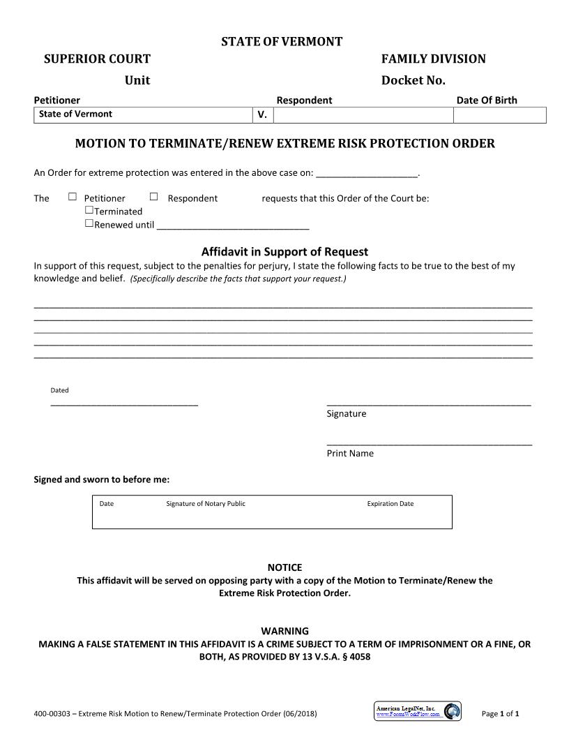 Motion To Terminate-Renew Extreme Risk Protection Order {400-00303} | Pdf Fpdf Docx | Vermont