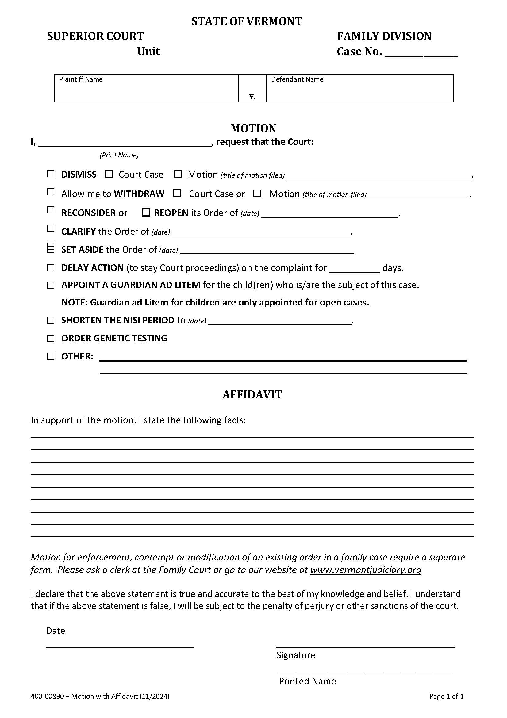 Motion With Affidavit {400-00830} | Pdf Fpdf Docx | Vermont