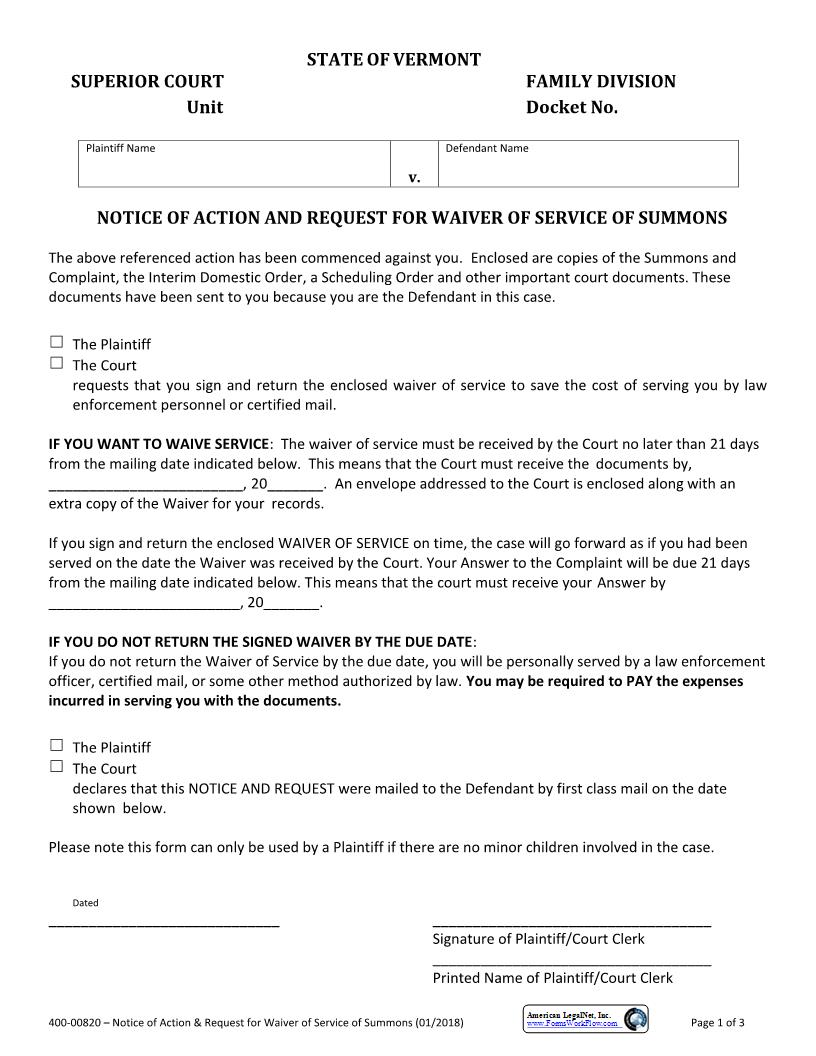 Notice Of Action And Request For Waiver Of Summons {400-00820} | Pdf Fpdf Docx | Vermont