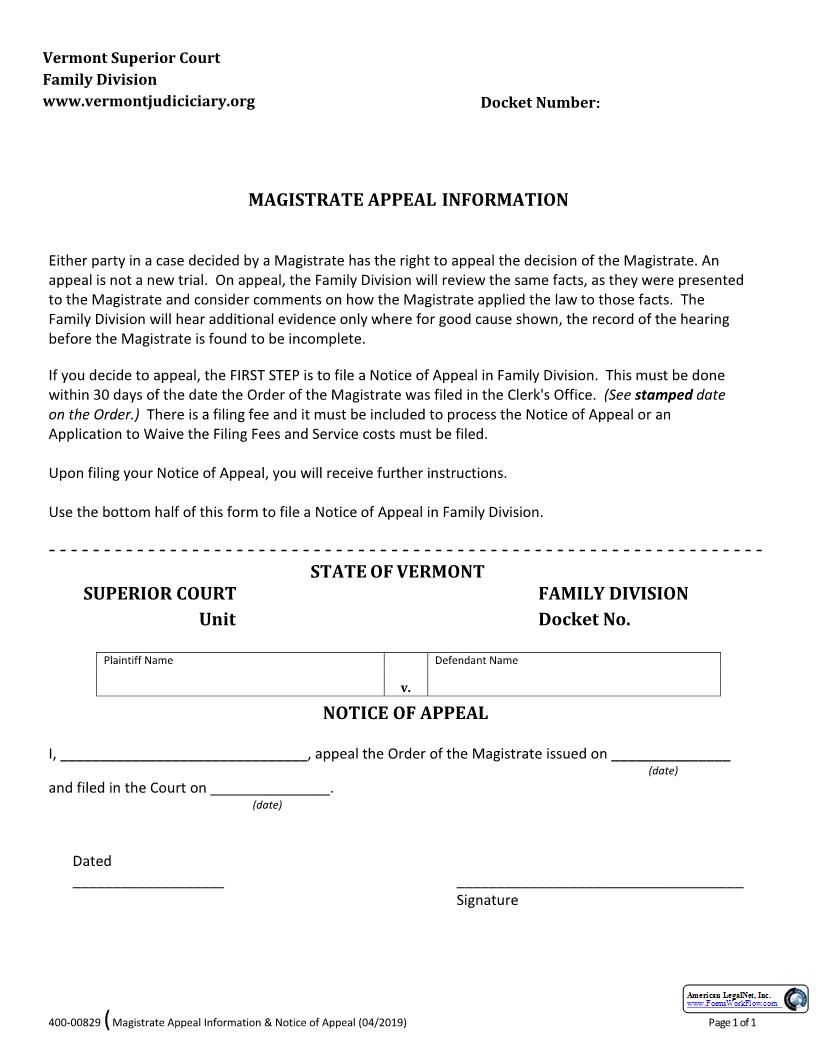 Notice Of Appeal {400-00829} | Pdf Fpdf Docx | Vermont