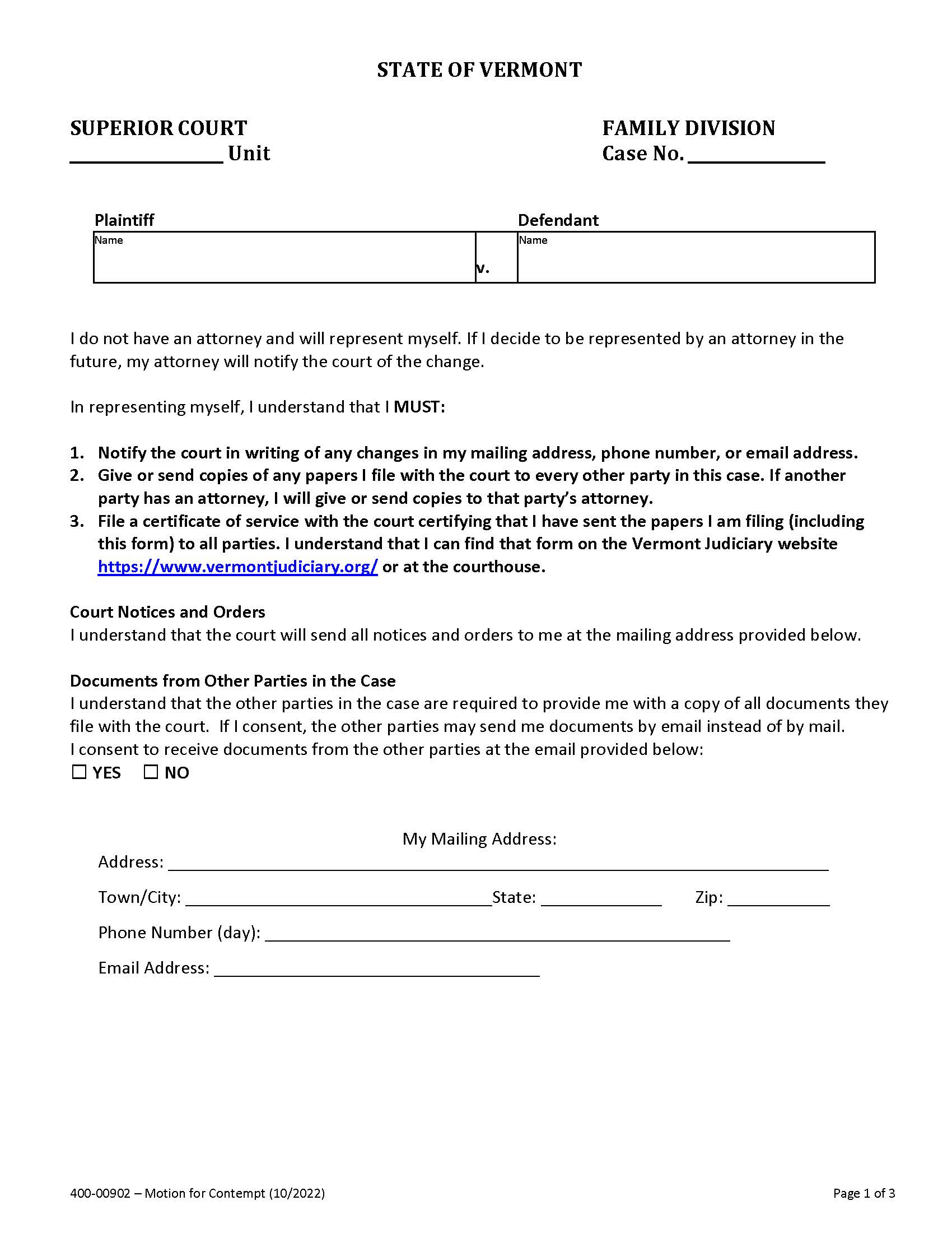 Notice Of Appearance And Motion For Contempt {400-00902} | Pdf Fpdf Docx | Vermont