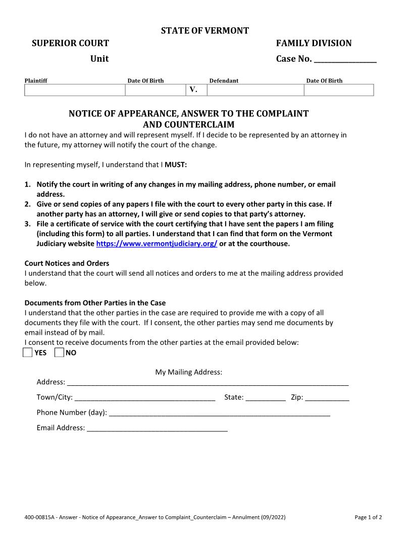 Notice Of Appearance Answer to Complaint Annulment {400-00815A} | Pdf Fpdf Docx | Vermont