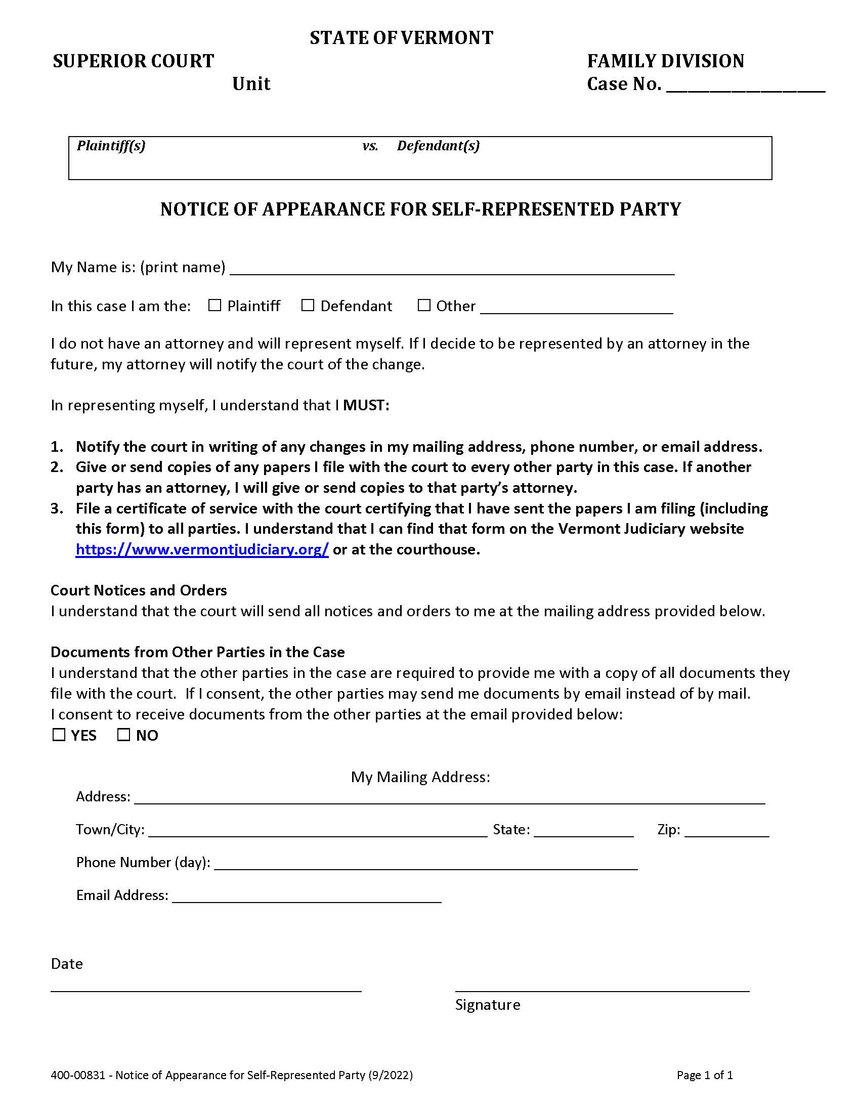 Notice Of Appearance For Self Represented Party {400-00831} | Pdf Fpdf Doc Docx | Vermont