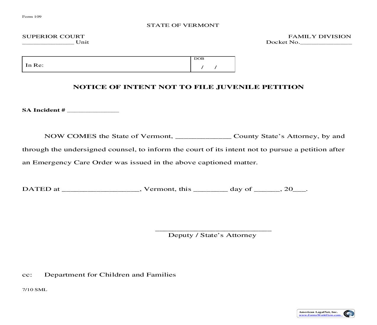 Notice Of Intent Not To File Juvenile Petition {109} | Pdf Fpdf Doc Docx | Vermont