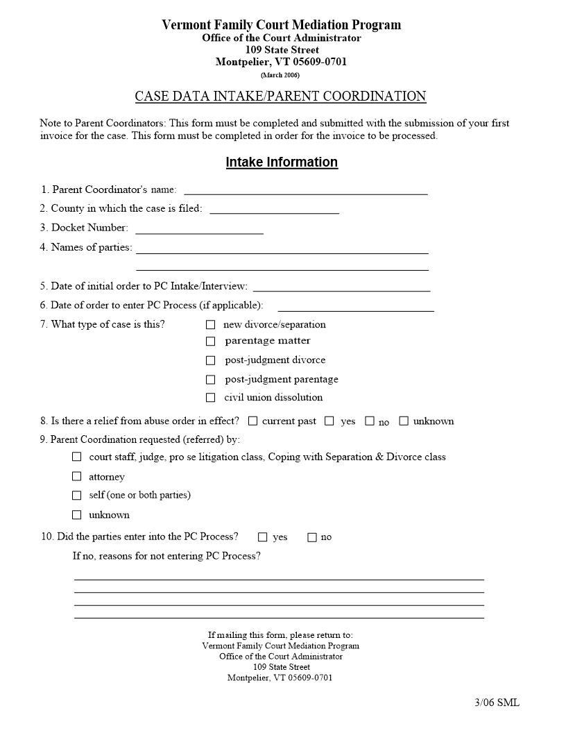 PC Case Data Intake | Pdf Fpdf Docx | Vermont