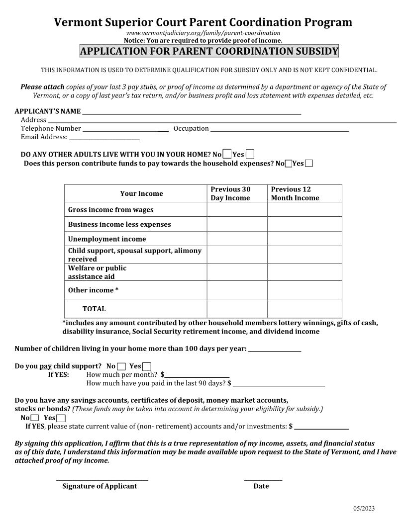 Parent Coordination Subsidy-Application | Pdf Fpdf Docx | Vermont