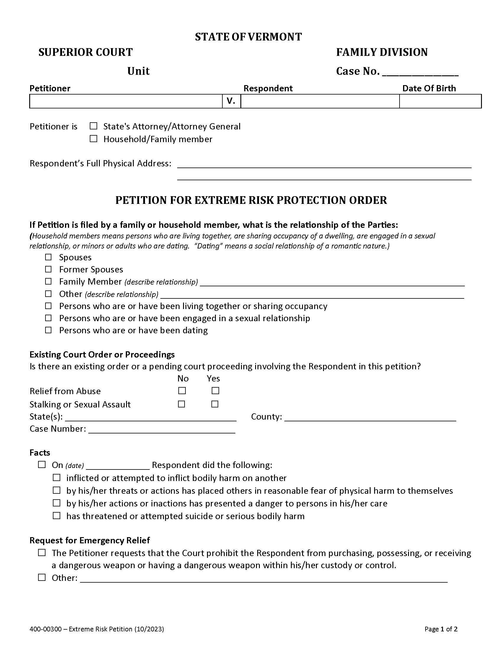 Petition For Extreme Risk Protection Order {400-00300} | Pdf Fpdf Docx | Vermont