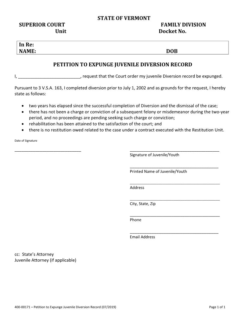 Petition To Expunge Juvenile Diversion Record {400-00171} | Pdf Fpdf Docx | Vermont