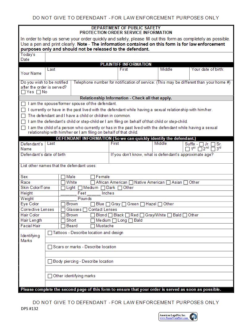 Protection Order Service Information {DPS 132} | Pdf Fpdf Docx | Vermont