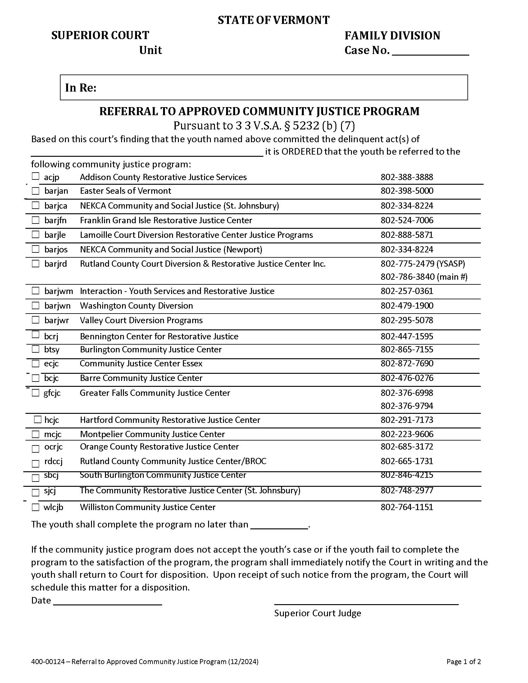 Referral To Approved Community Justice Program {400-00124} | Pdf Fpdf Docx | Vermont