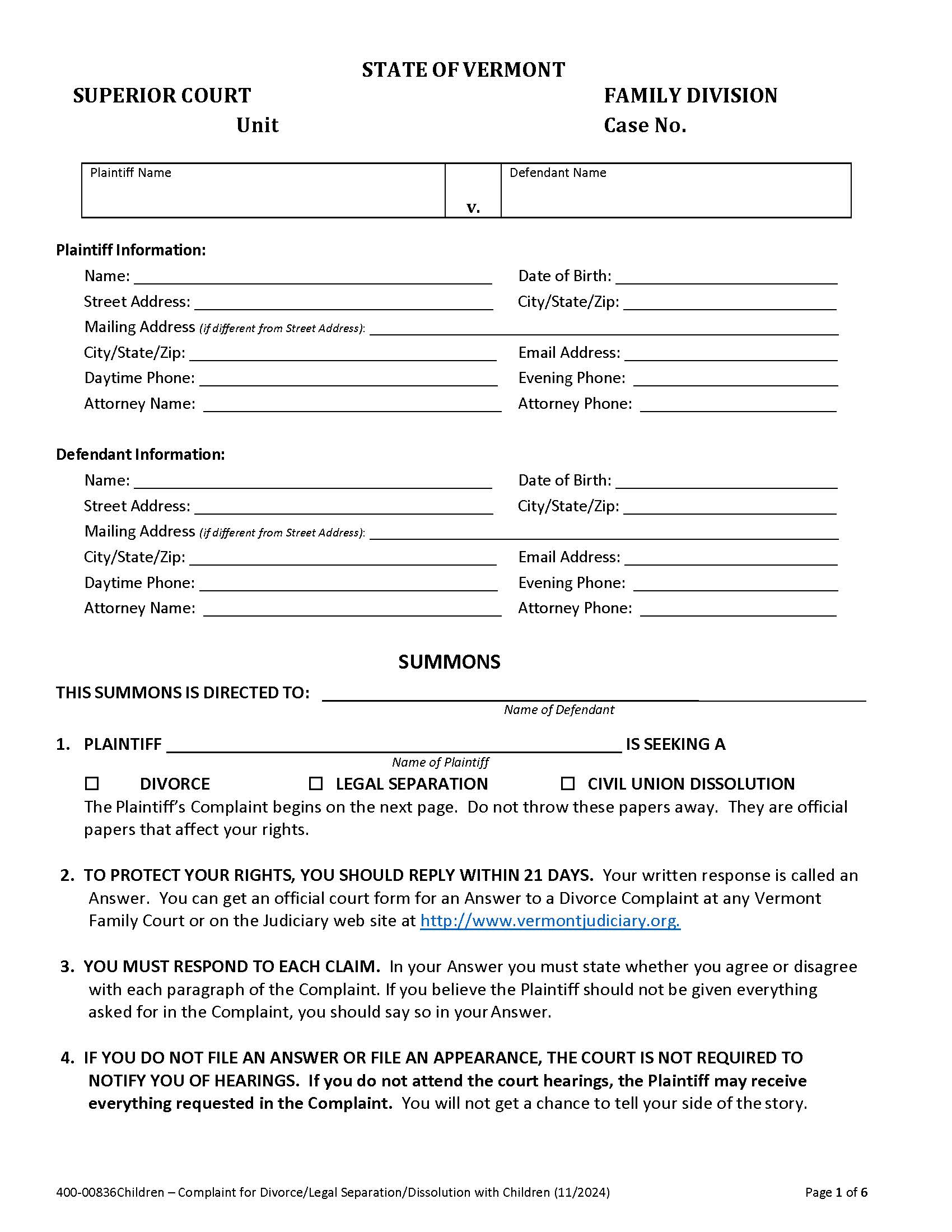 Summons And Complaint For Divorce With Children {400-00836} | Pdf Fpdf Docx | Vermont