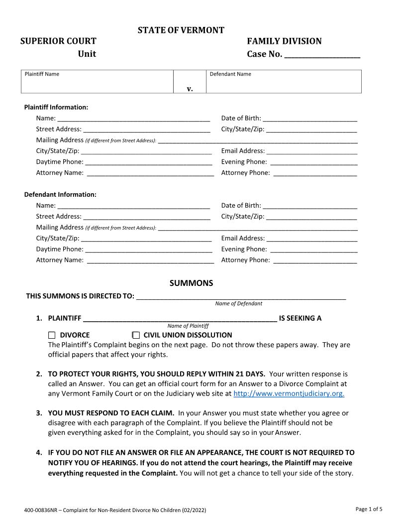 Summons And Complaint For Non Resident Divorce No Children {400-00836NR} | Pdf Fpdf Docx | Vermont