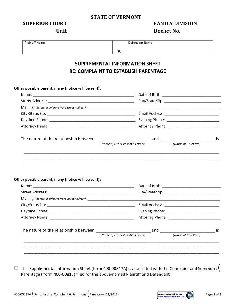 Supplemental Info Sheet For Parentage {400-00817A} | Pdf Fpdf Docx | Vermont