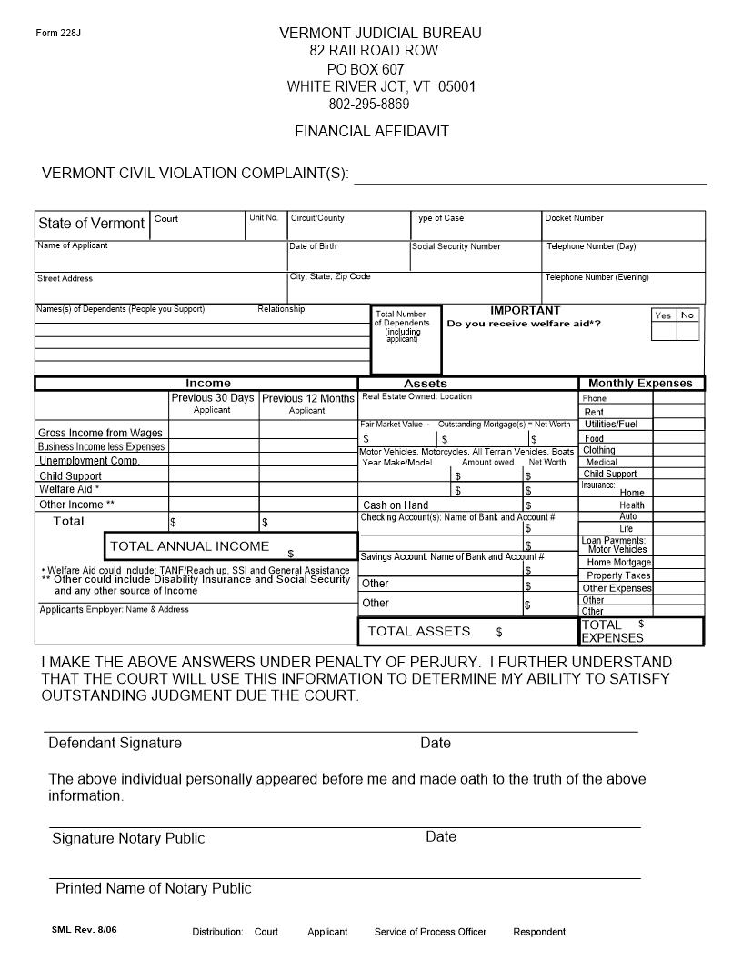 Financial Affidavit {228J} | Pdf Fpdf Doc Docx | Vermont