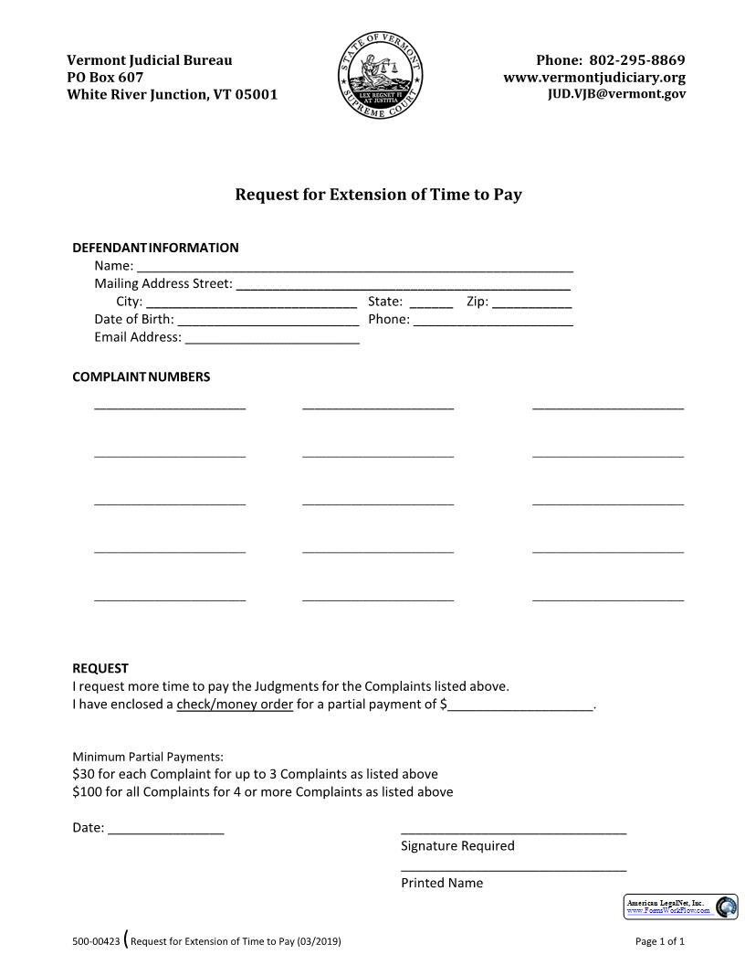 Request for Extension Of Time To Pay Fine {500-00423} | Pdf Fpdf Docx | Vermont
