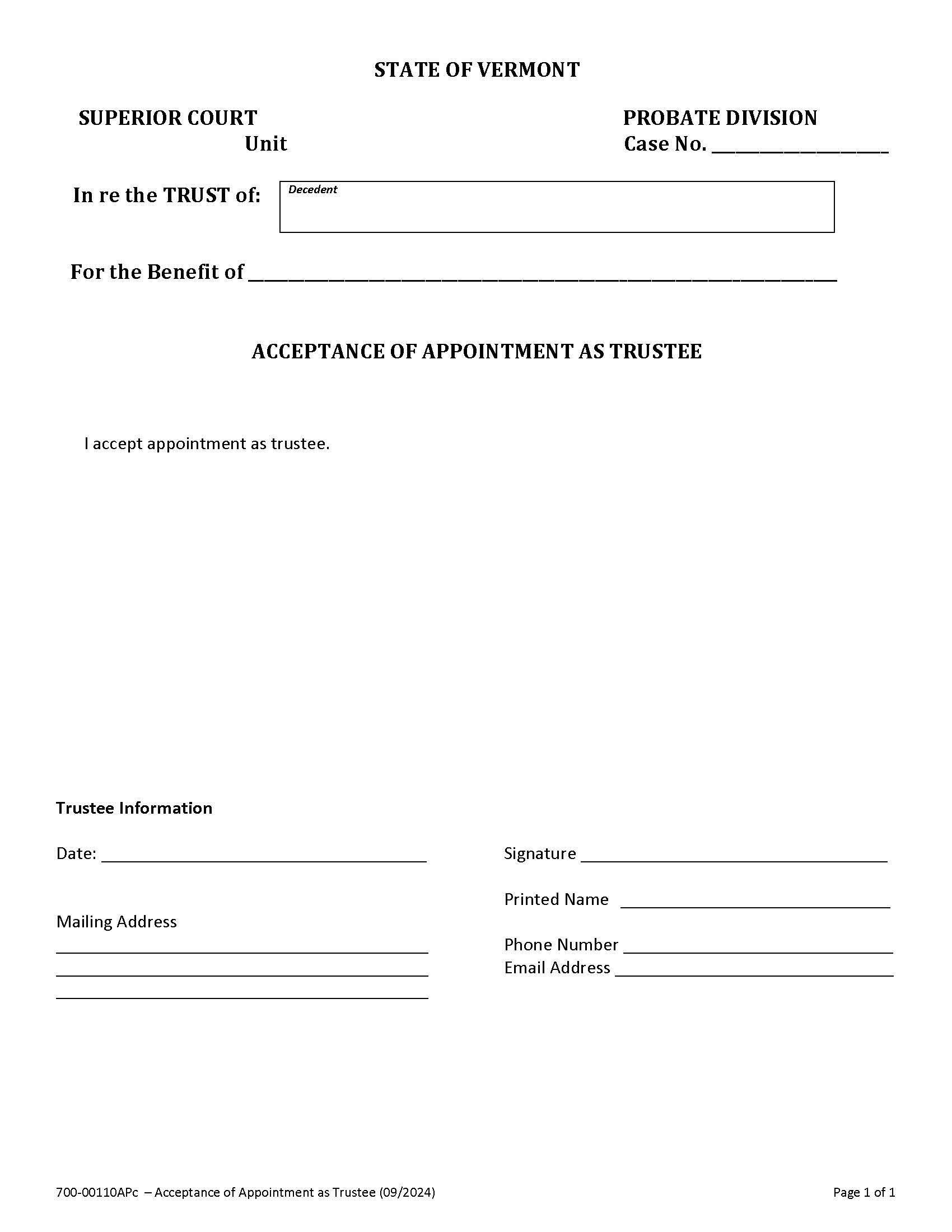 Acceptance Of Appointment As Trustee {PC 110A} | Pdf Fpdf Docx | Vermont