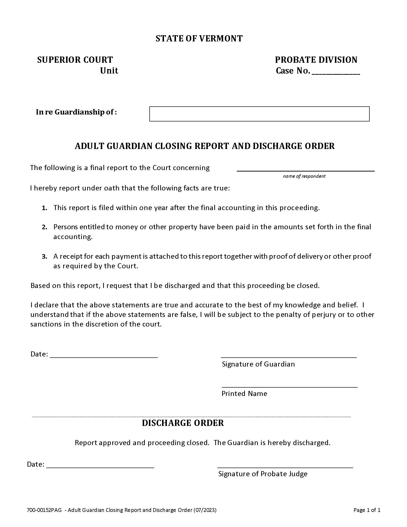 Adult Guardian Closing Report And Discharge Order {700-00152PAG} | Pdf Fpdf Docx | Vermont