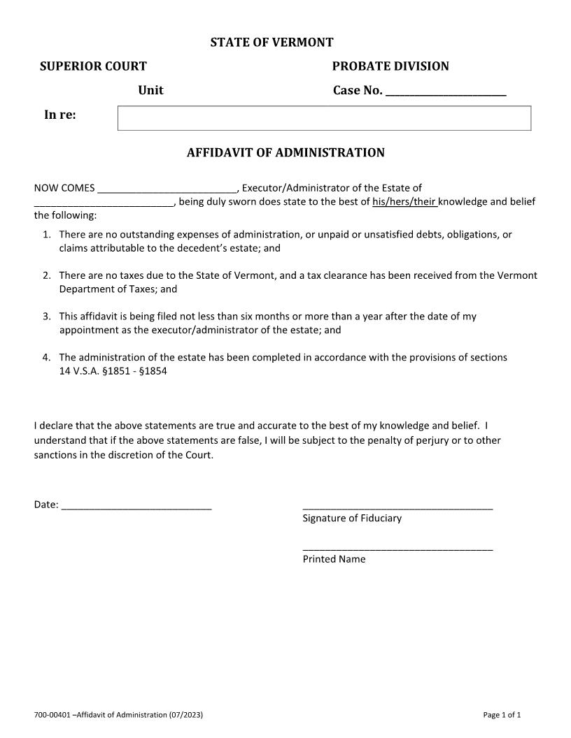 Affidavit Of Administration {700-00401} | Pdf Fpdf Docx | Vermont