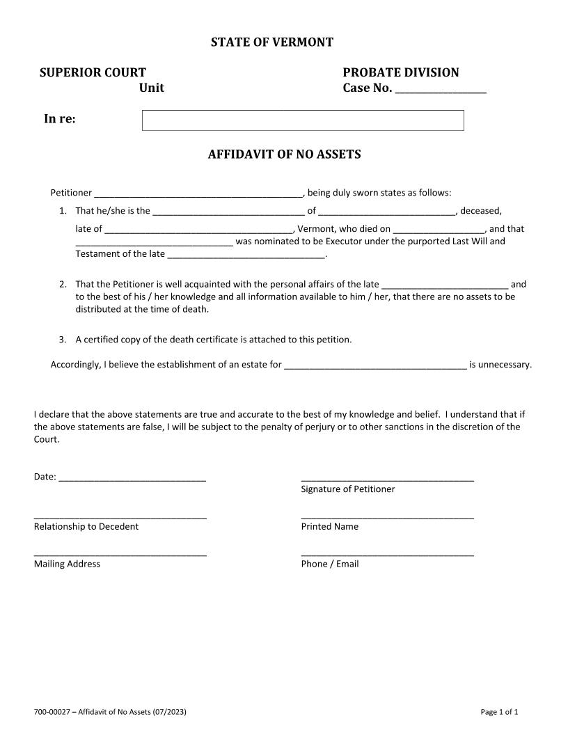 Affidavit Of No Assets {700-00027} | Pdf Fpdf Docx | Vermont