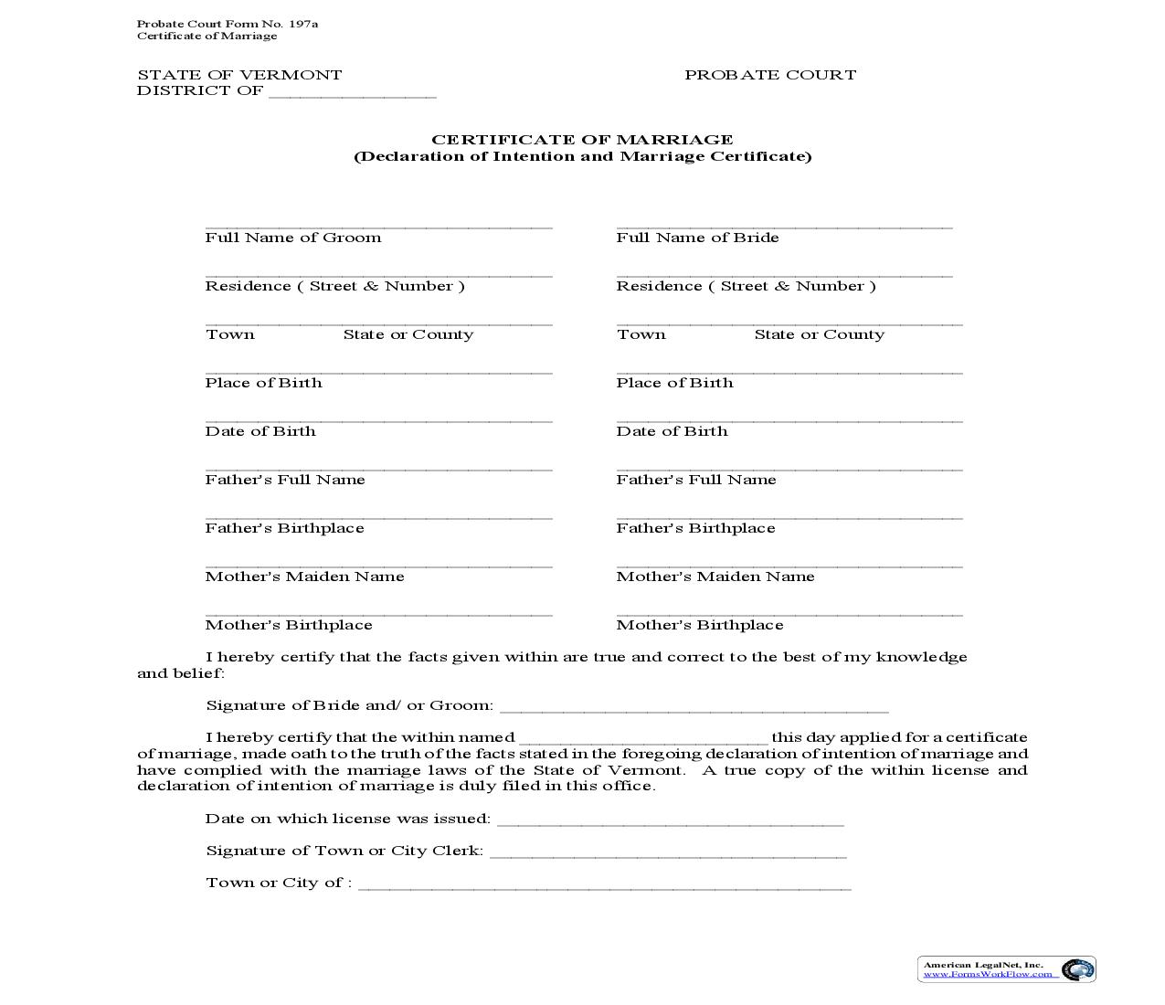 Certificate Of Marriage (Declaration Of Intention And Marriage Certificate) {197A} | Pdf Fpdf Doc Docx | Vermont