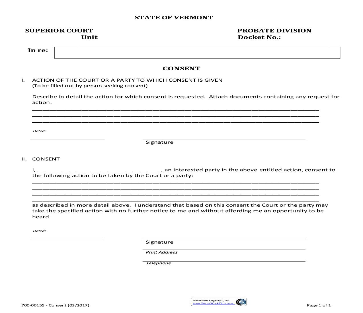 Consent {700-00155} | Pdf Fpdf Doc Docx | Vermont