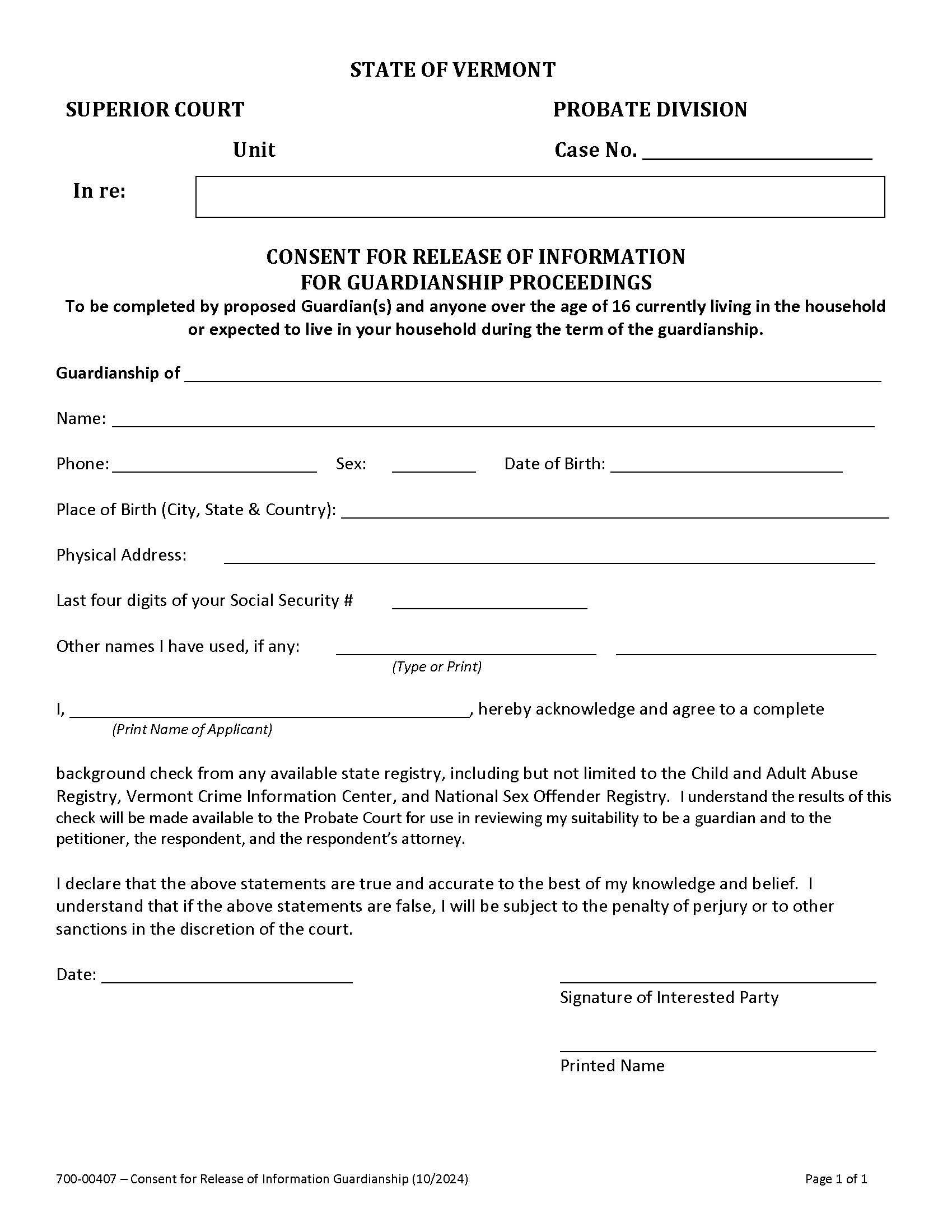 Consent For Release Of Information For Guardianship Proceedings {700-00407} | Pdf Fpdf Docx | Vermont