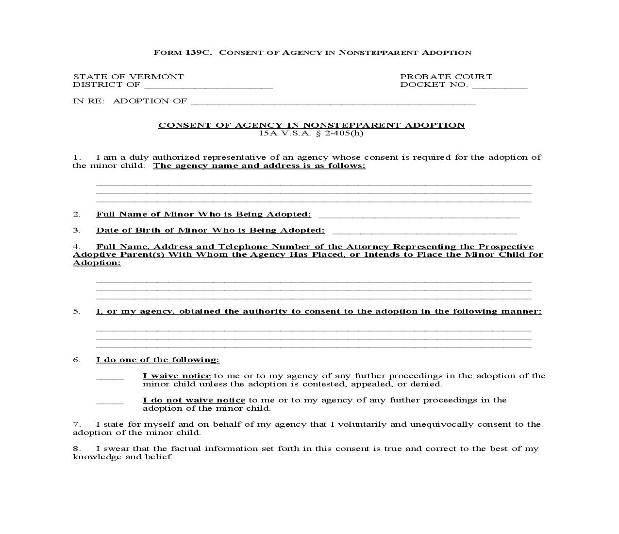 Consent Of Agency In Non Stepparent Adoption {139C} | Pdf Fpdf Docx | Vermont