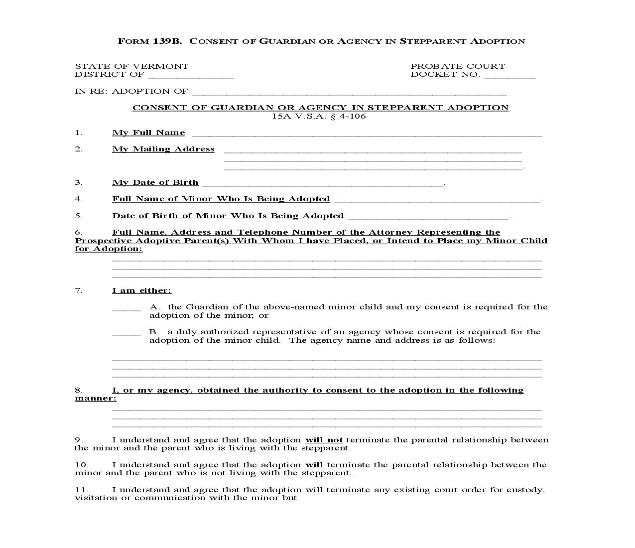 Consent Of Guardian Or Agency In Stepparent Adoption {139B} | Pdf Fpdf Docx | Vermont