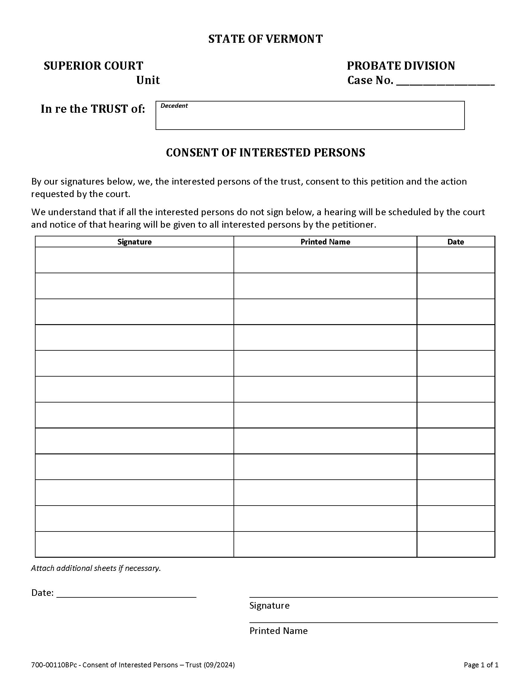 Consent Of Interested Persons {PC 110B} | Pdf Fpdf Docx | Vermont