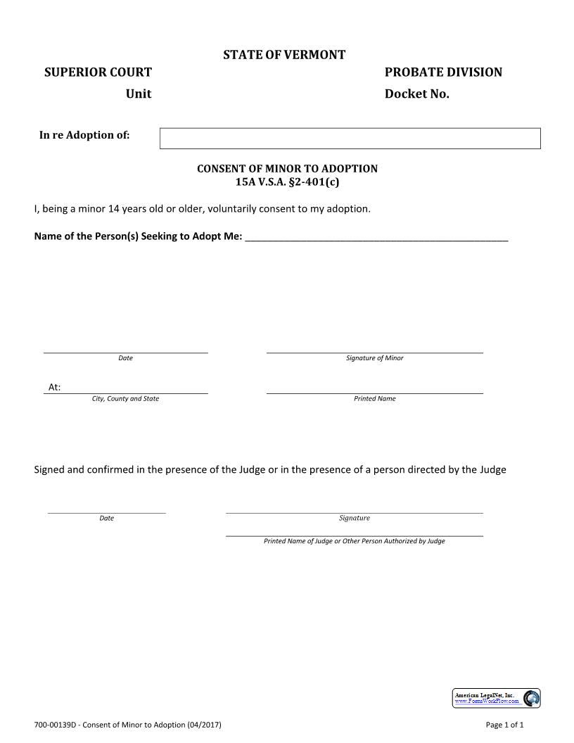 Consent Of Minor {700-00139D} | Pdf Fpdf Docx | Vermont