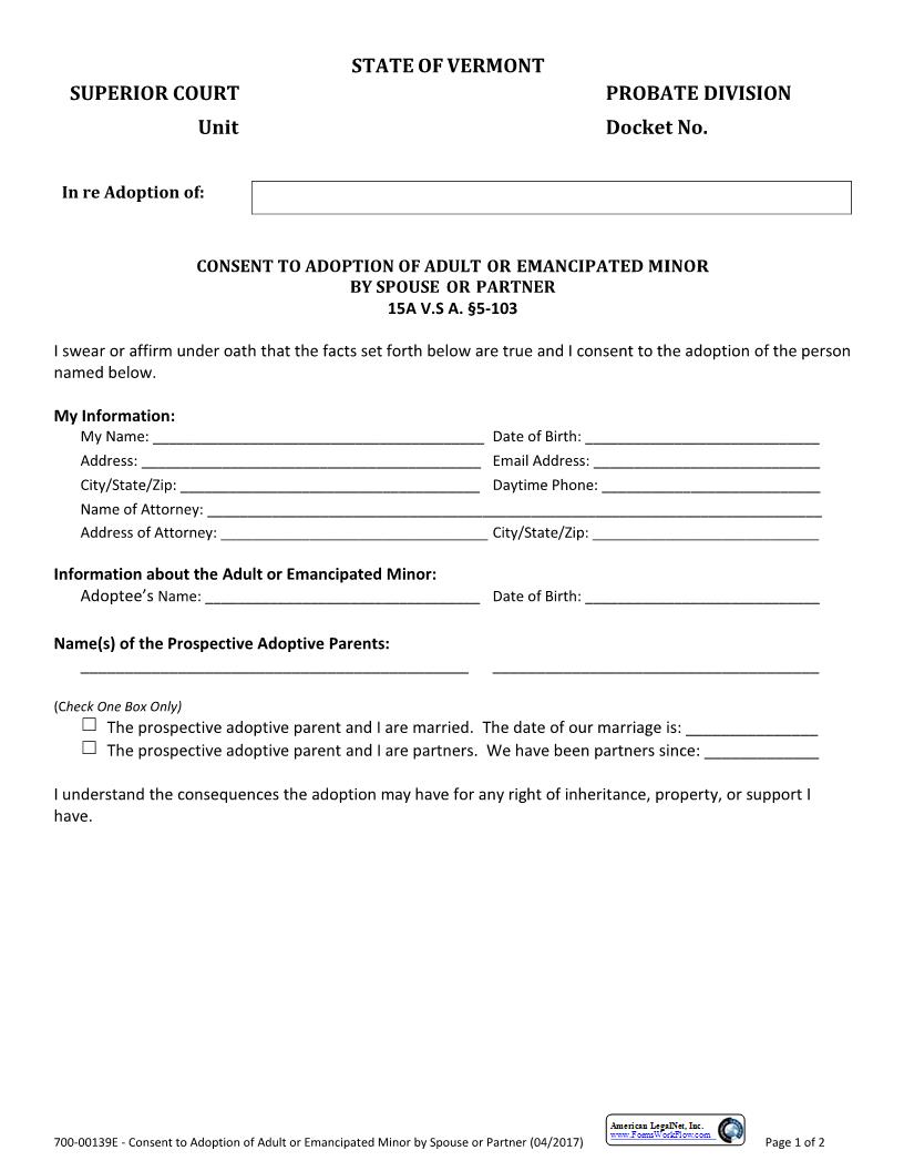Consent Of Spouse Or Partner {700-00139E} | Pdf Fpdf Docx | Vermont